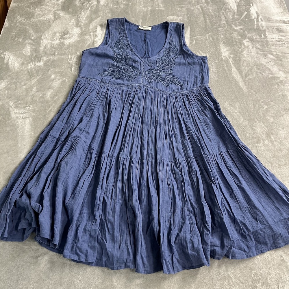Talisman Dress Womens M Blue Embroidered Tiered Swing Midi Cotton Boho Sundress